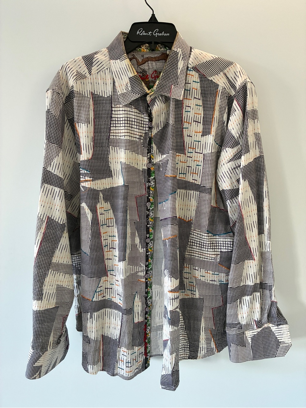 Robert Graham IVORSON Men's Black & White Graphic Patchwork Button-Down Shirt